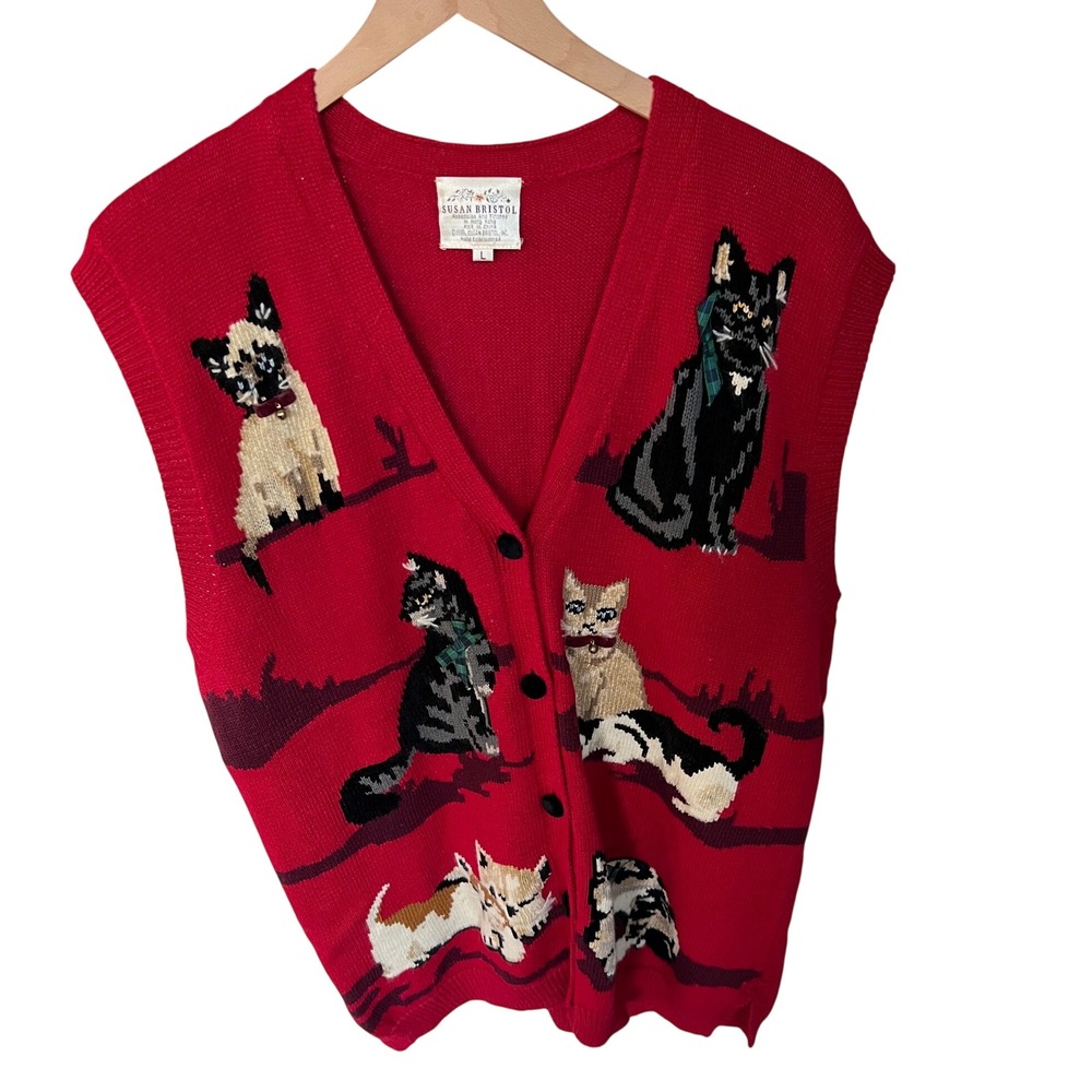 Vintage Red Cat Sweater Vest Cottage Core Kitchy Hand Embroidered Novelty Large